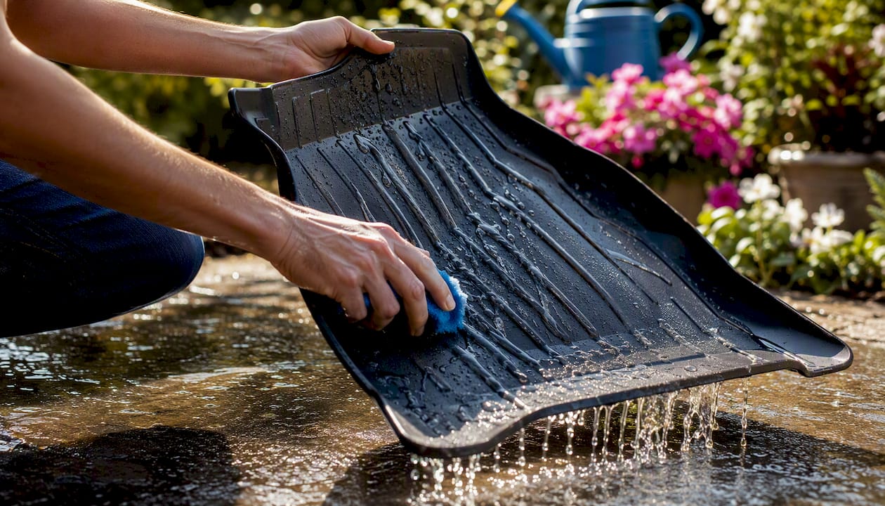 Hands rinsing thermoplastic floor liner outdoors