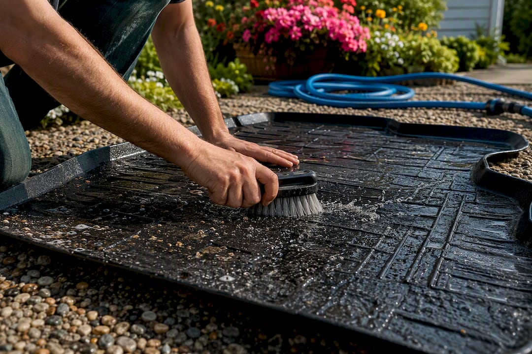 Hands rinsing muddy rubber cargo liner outside