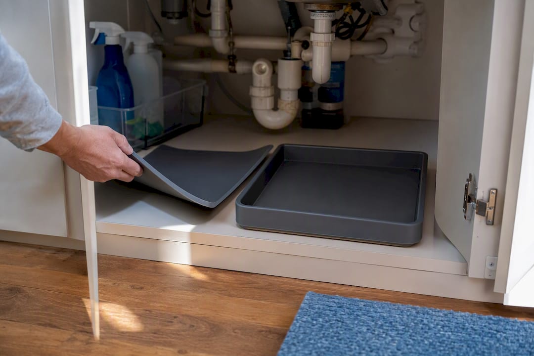 Flexible versus rigid under-sink mats side by side