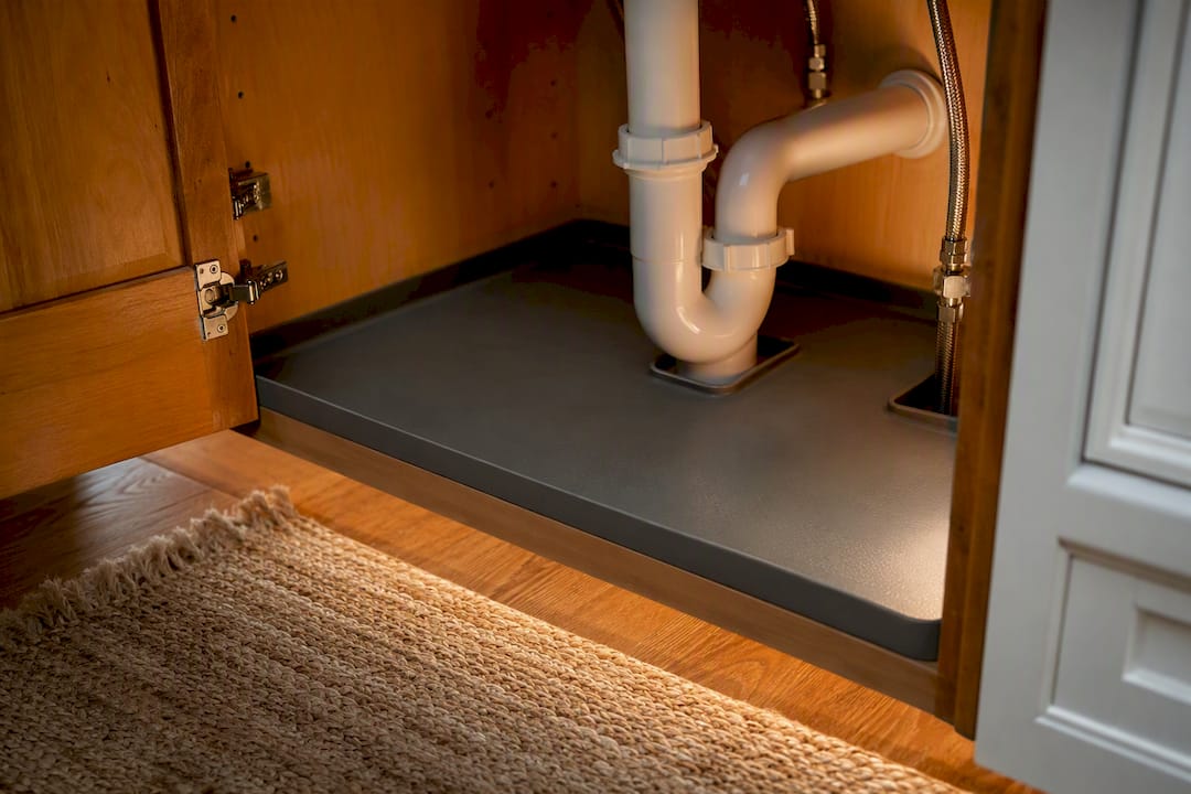 Under-sink mat with pipe cutouts fitted around plumbing