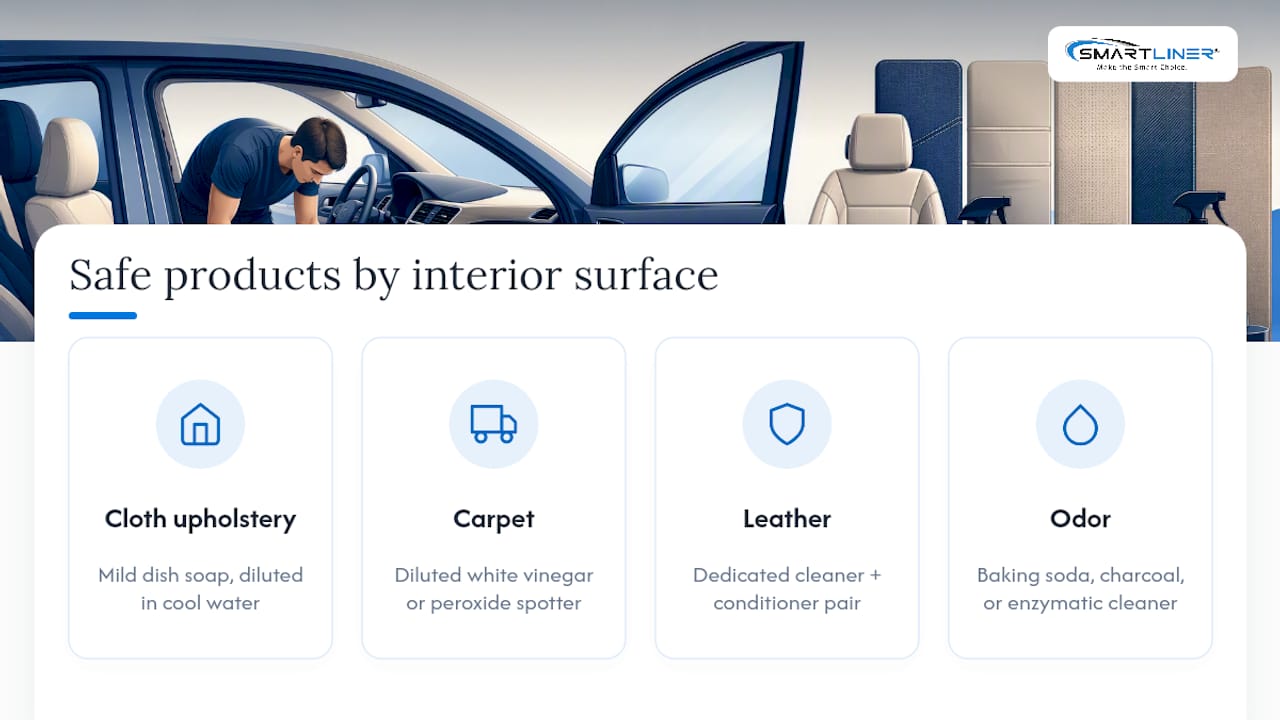 Safe cleaners matched to car interior surfaces