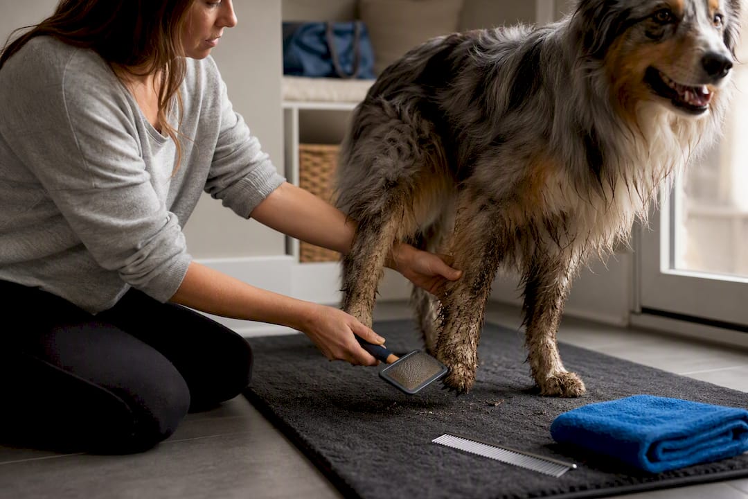 Slicker brush removing dried mud from dog