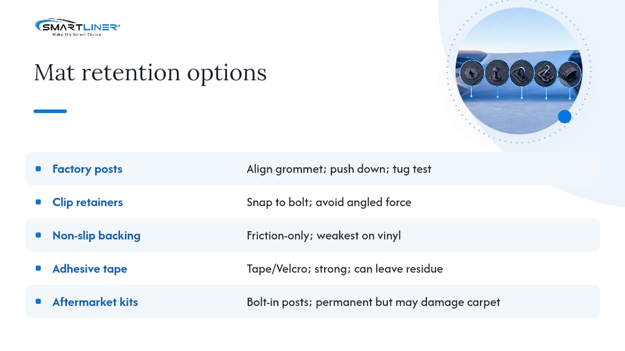 Five car mat retention methods compared