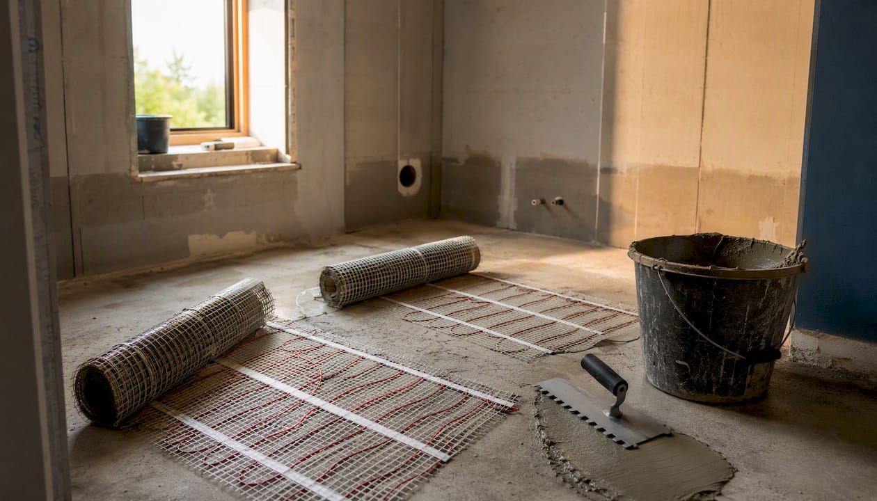 Electric radiant heating mats being installed on bathroom floor
