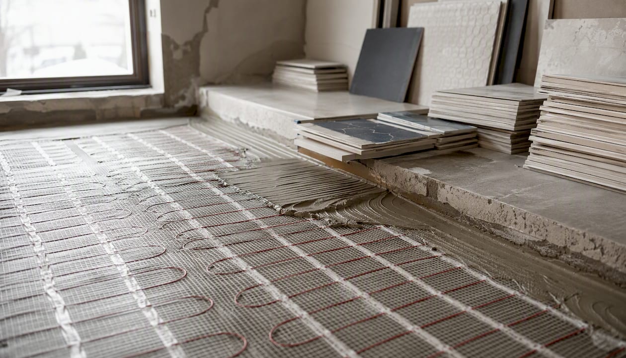Electric radiant floor heating mat embedded in thinset
