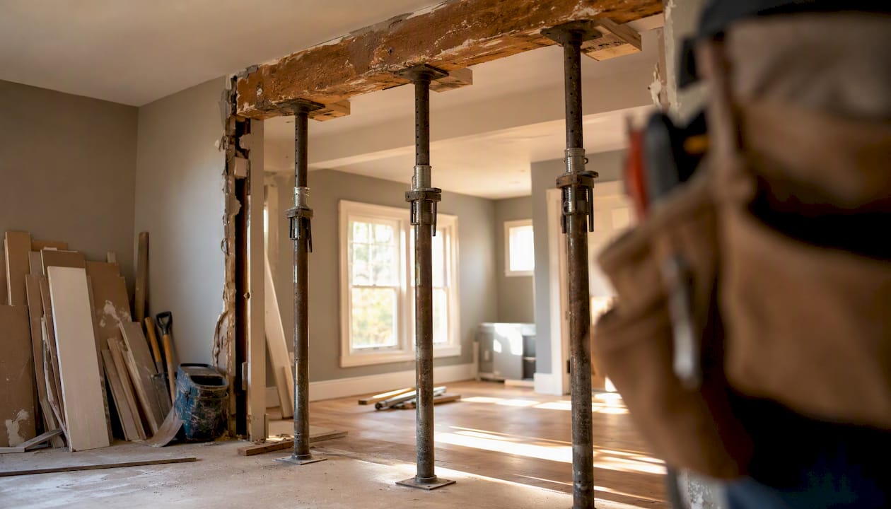 Load bearing wall with temporary shoring during removal
