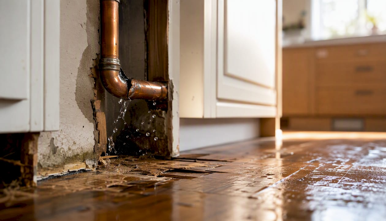 Close-up of burst water pipe leaking