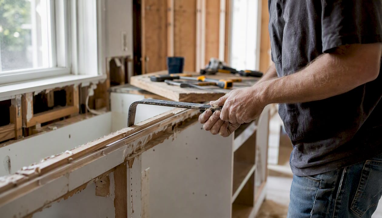 Hands removing cabinet trim in kitchen demo