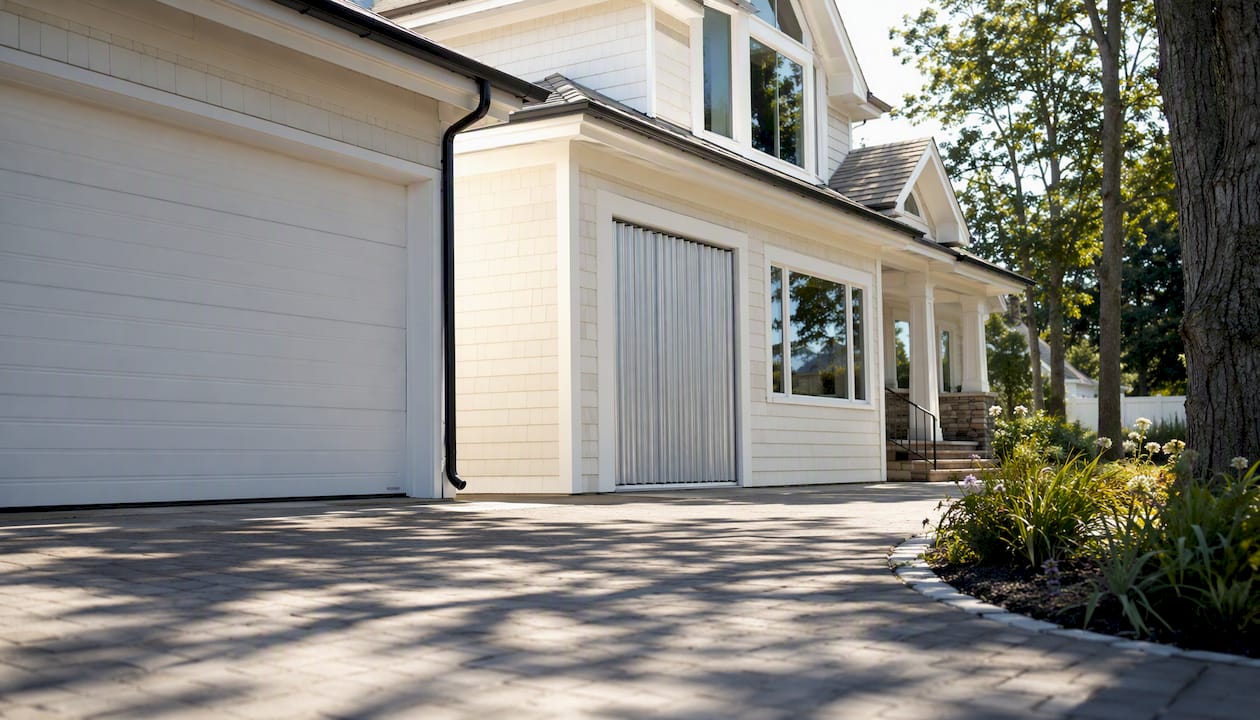 Coastal home exterior with hurricane shutters and garage door