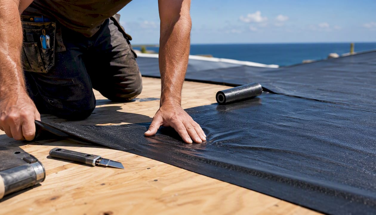 Applying waterproof membrane on roof deck