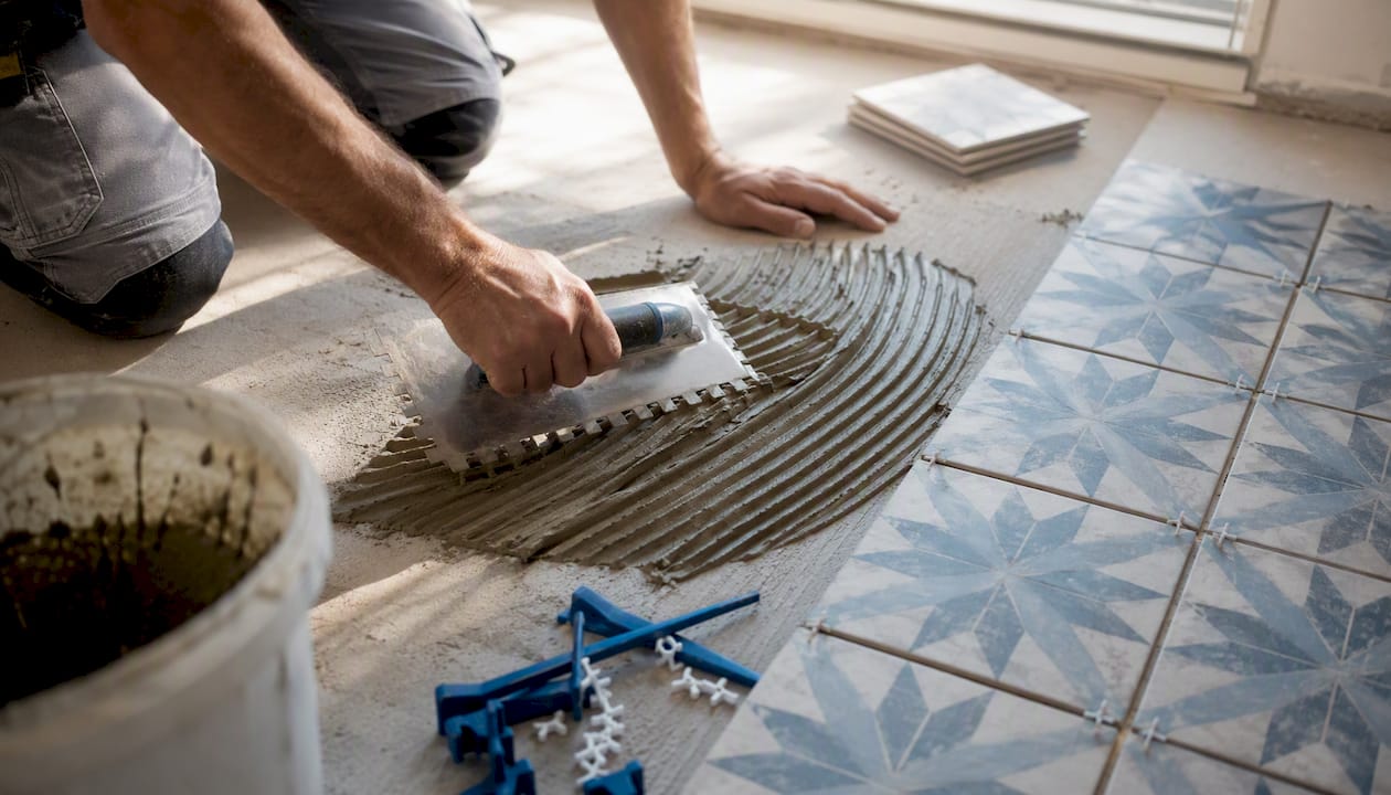 Hands installing ceramic bathroom floor tile