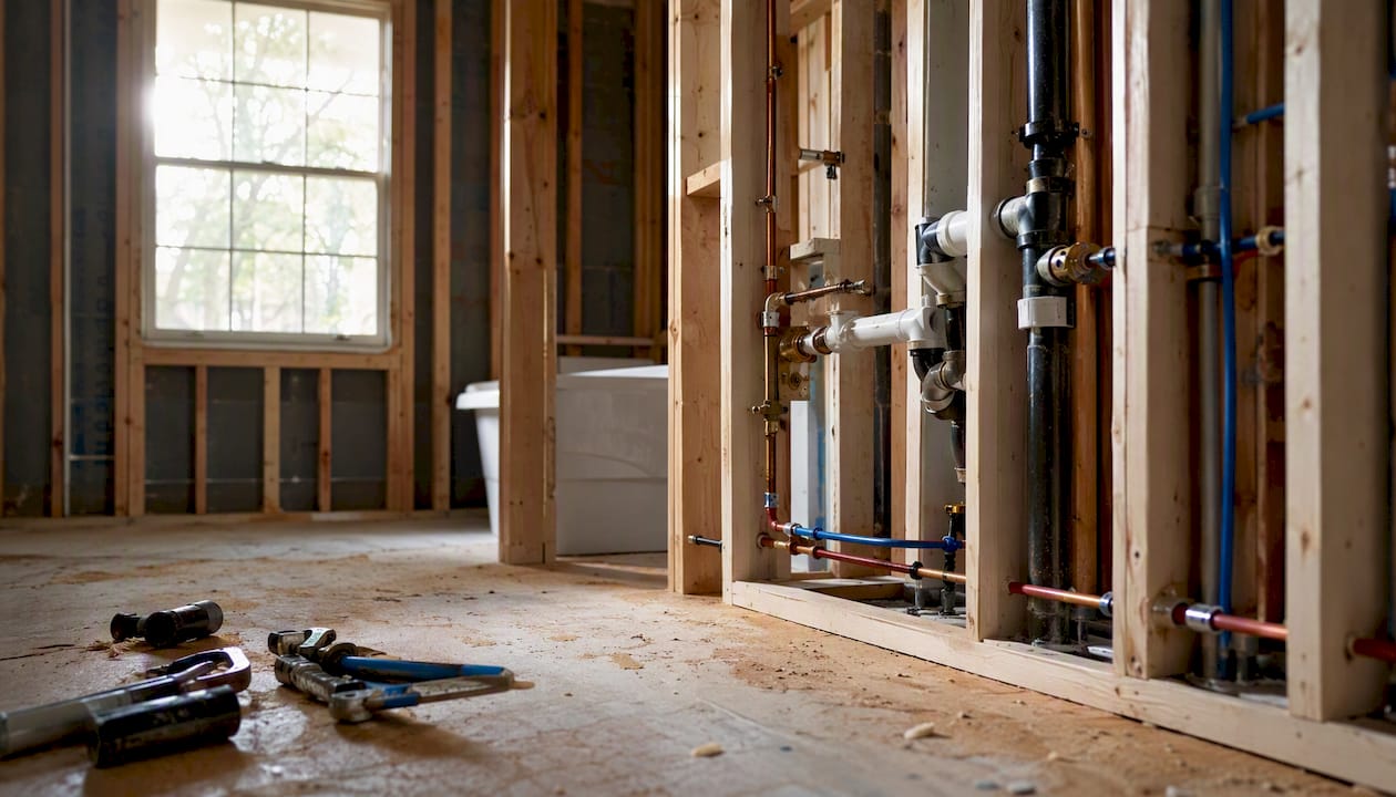 Bathroom remodel in progress with rough-in plumbing
