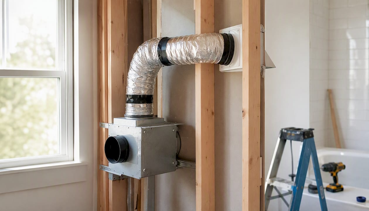 Bathroom fan duct connected to exterior vent