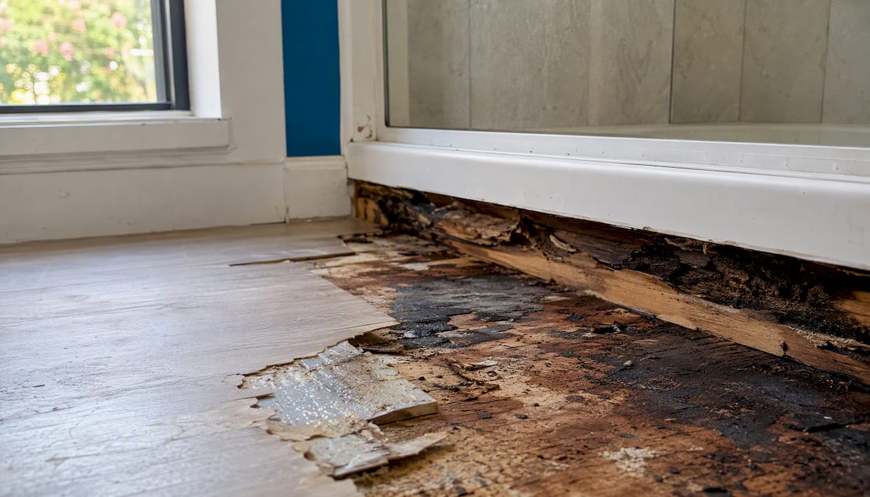 Water-damaged subfloor under shower tiles