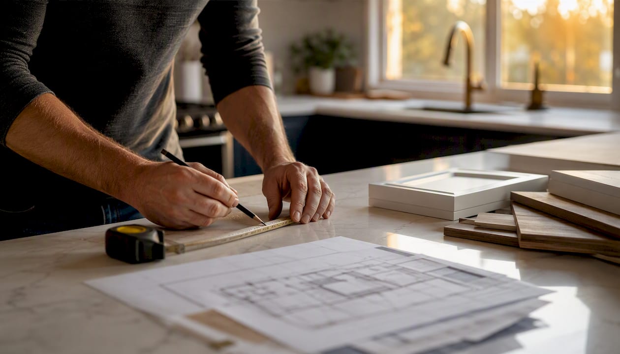 Hands measuring kitchen counters for remodel