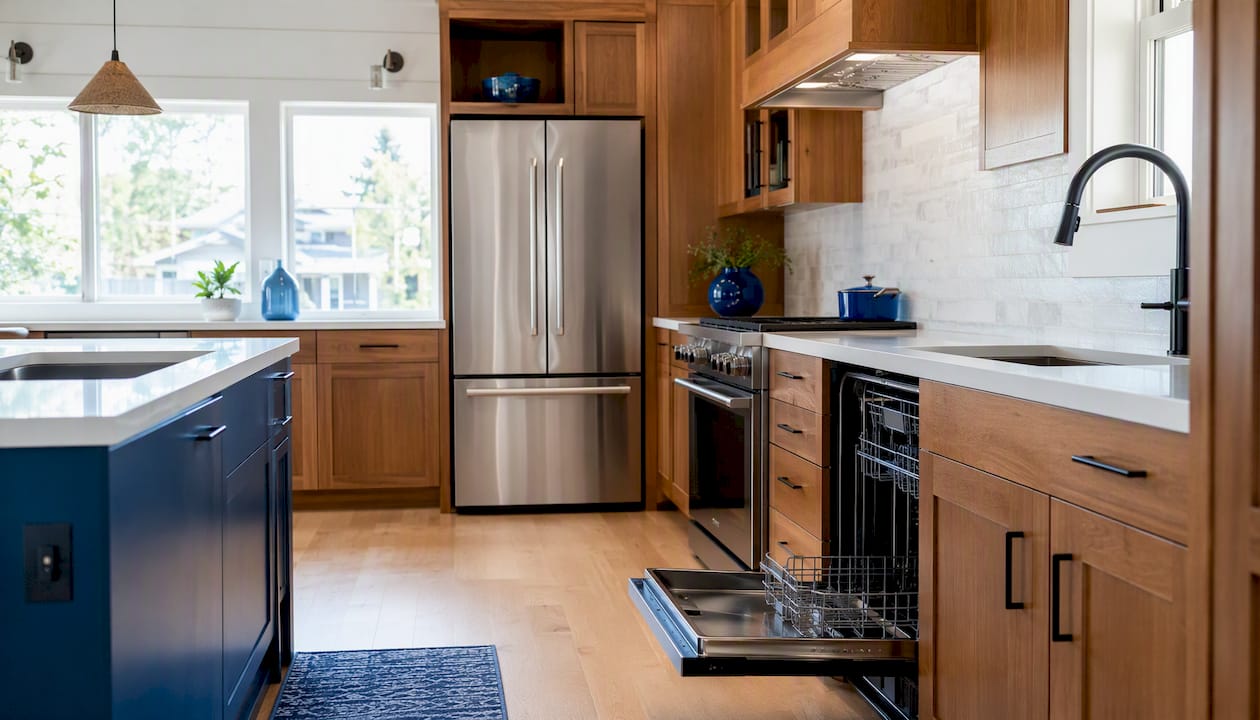 Kitchen layout showing appliance placement and door clearances