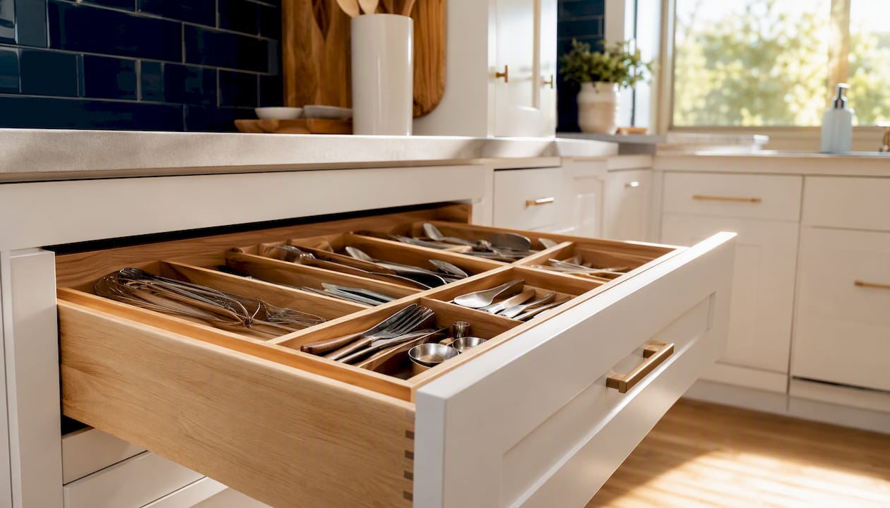 Open kitchen drawer with organized storage inserts