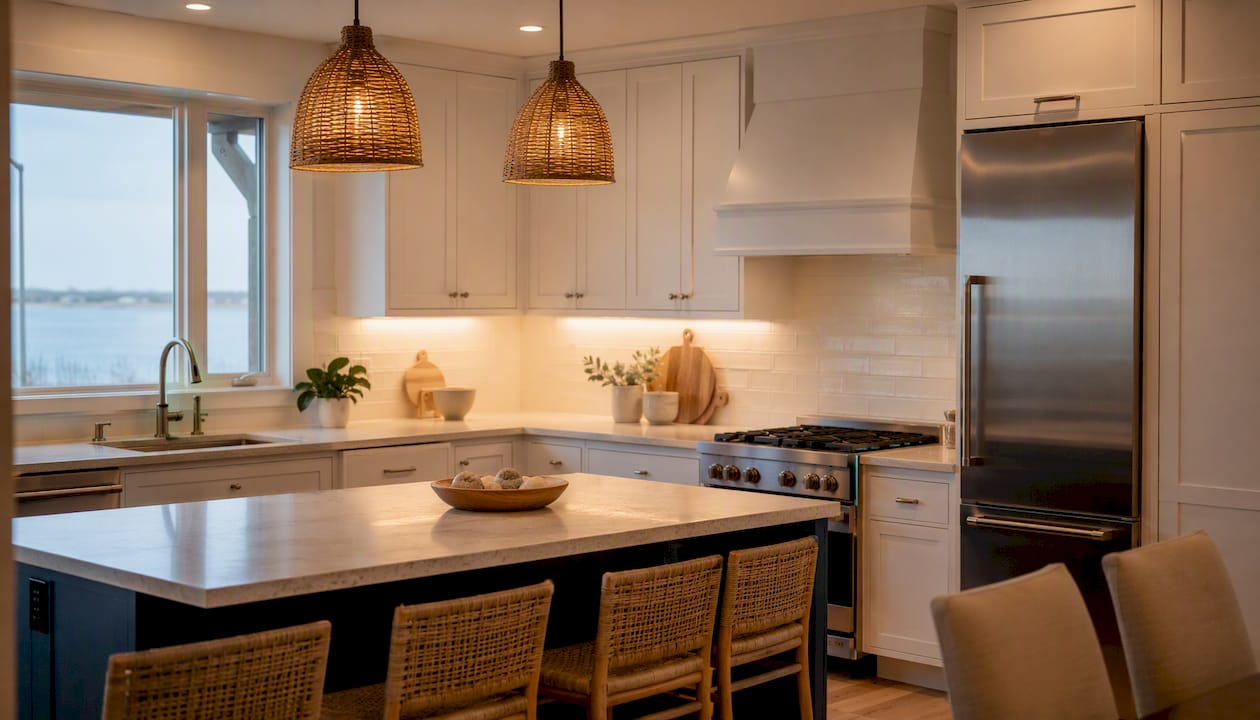 Kitchen showcasing ambient, task, and accent lighting
