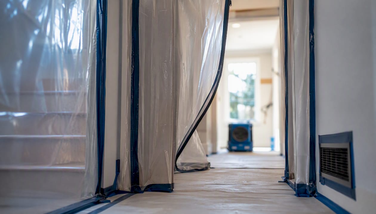 Home renovation hallway sealed with plastic dust barriers