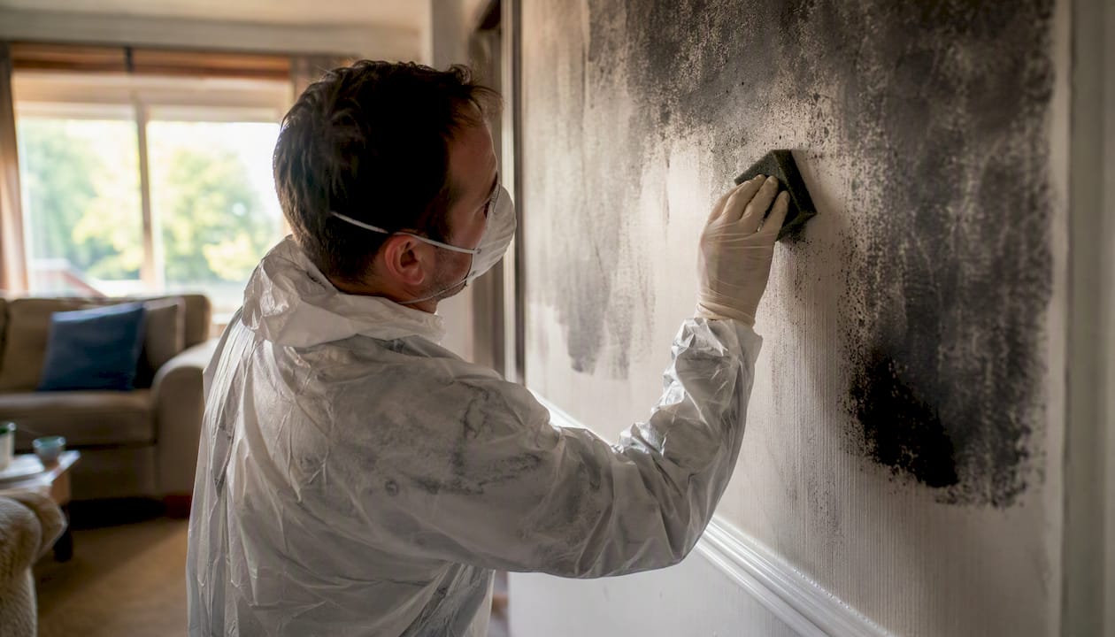 Technician cleaning soot from wall with sponge