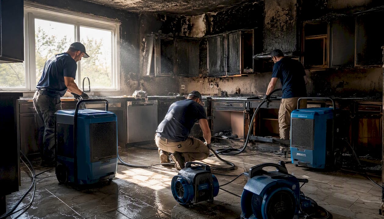 Fire damage restoration equipment drying interior walls
