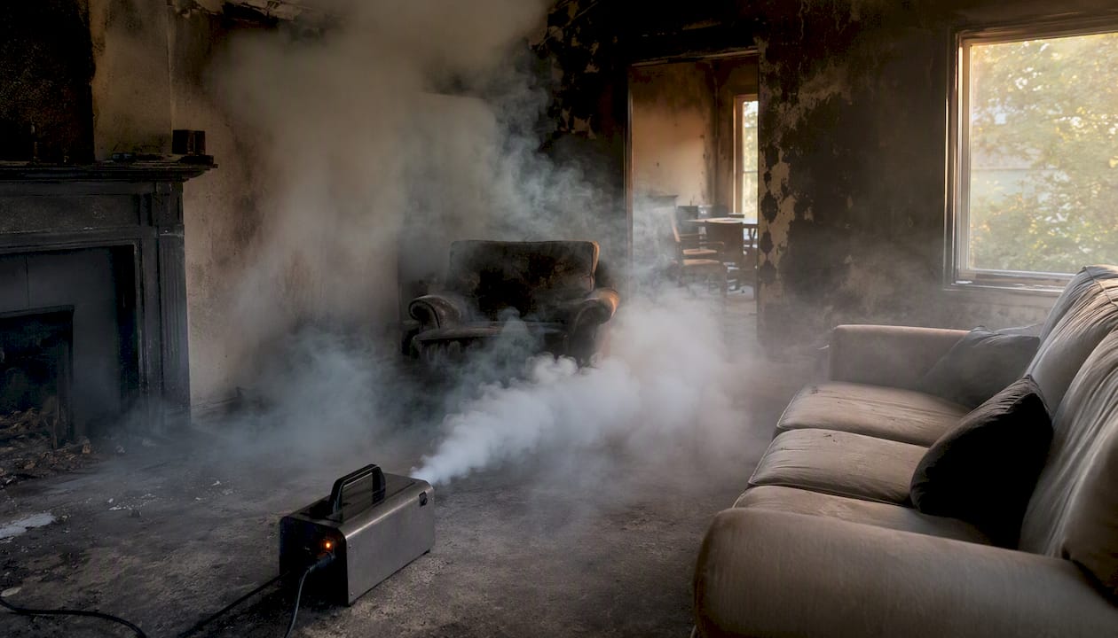 Thermal fogging machine dispersing deodorizing fog indoors