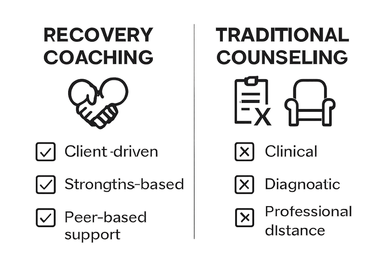 Infographic comparing recovery coaching and traditional counseling approaches