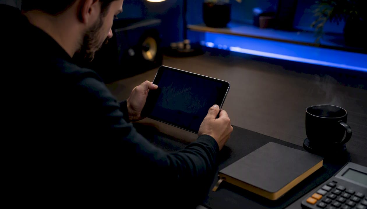 Trader hands with calculator near trading charts