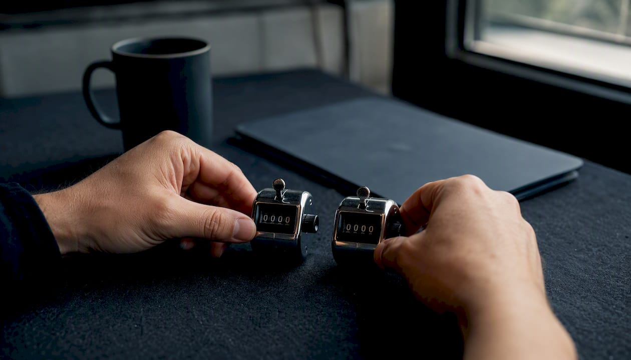 Hands holding two mechanical counters side by side