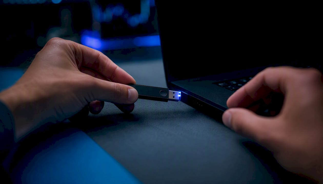 Hands inserting crypto hardware wallet