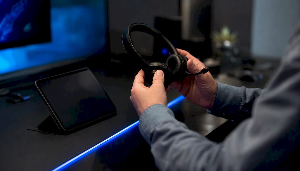 Hands holding phone and headset on desk