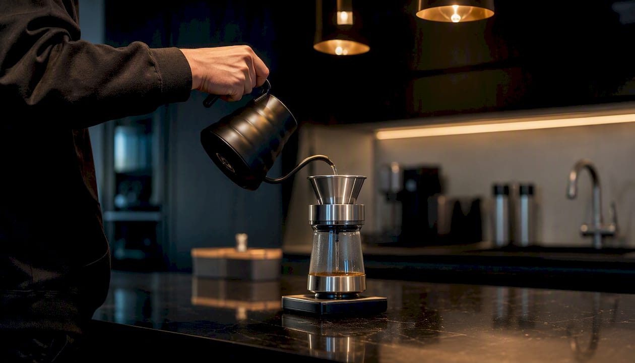 Hand pouring water into coffee maker