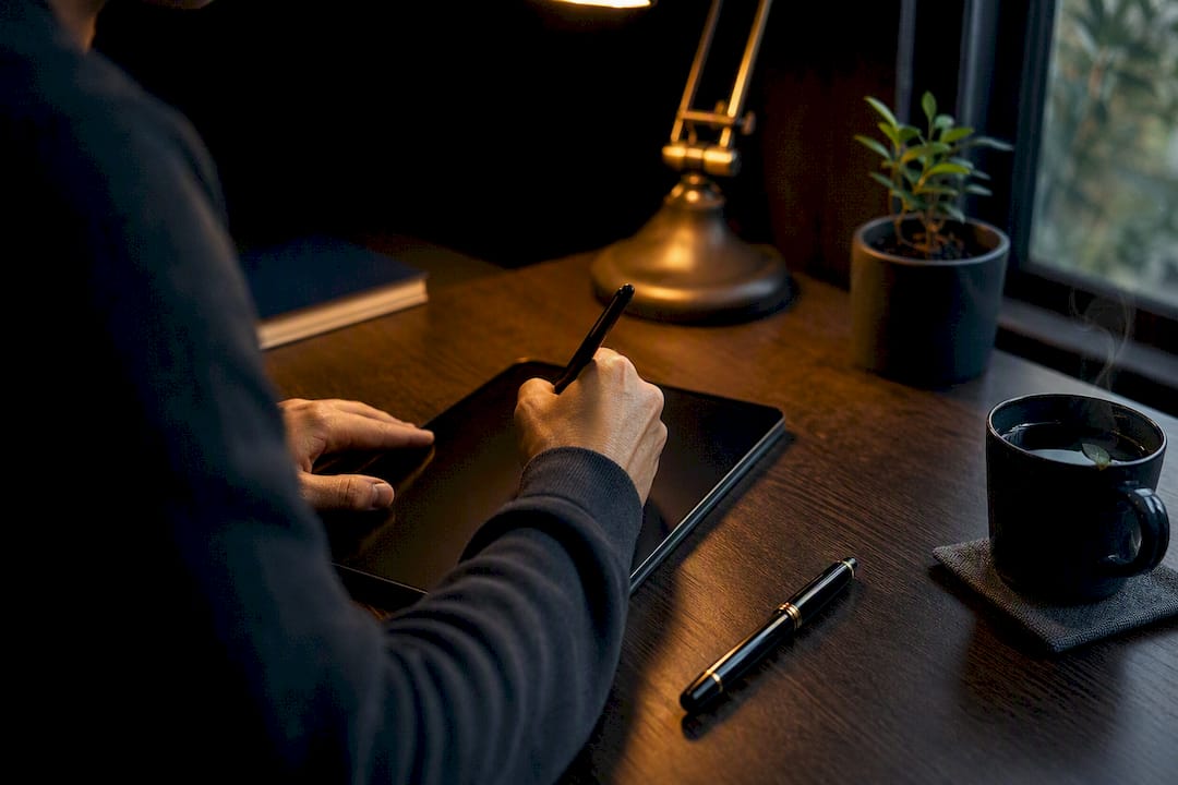 Hands noting trades on tablet