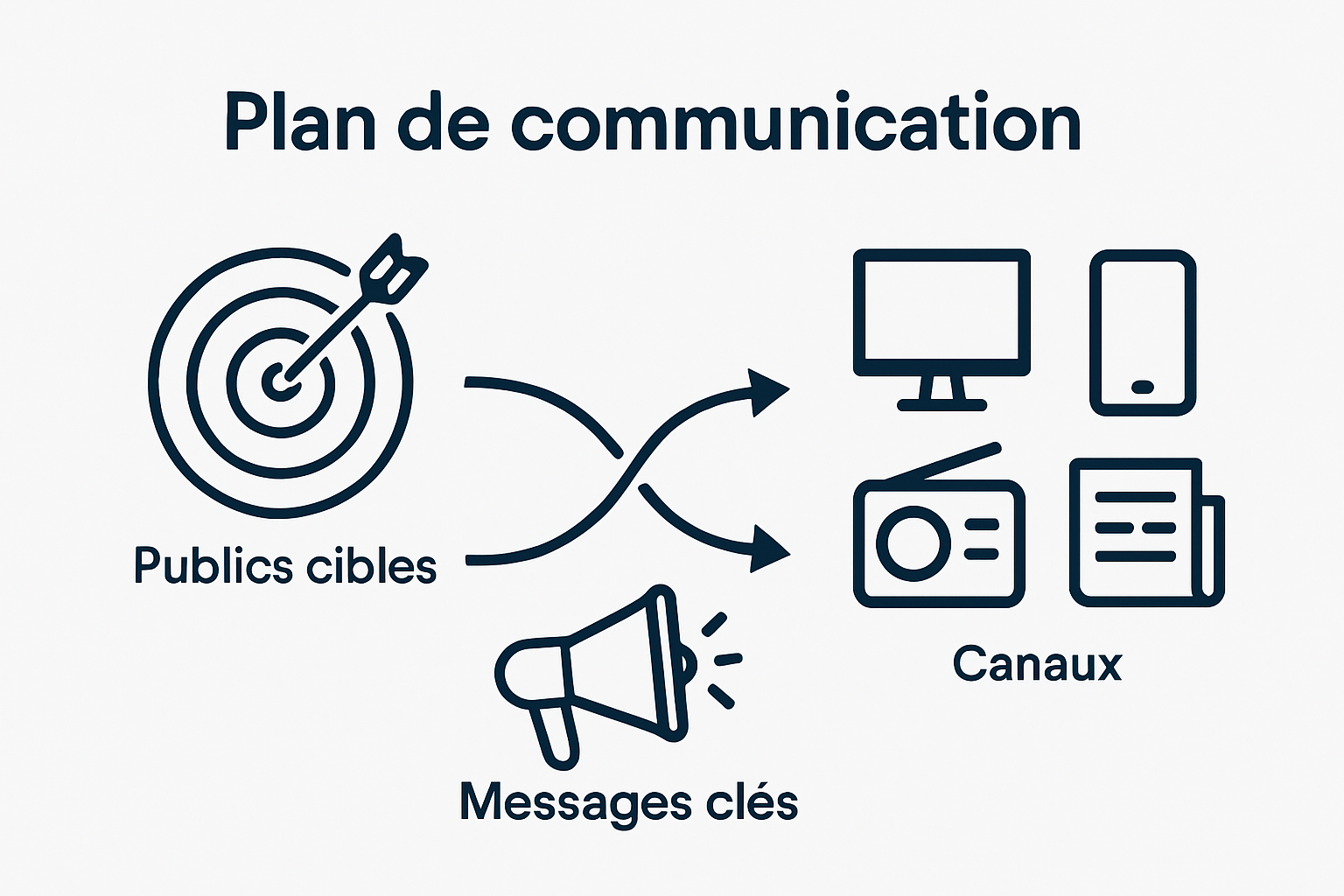 Diagramme visuel du plan de communication montrant cible, messages et canaux