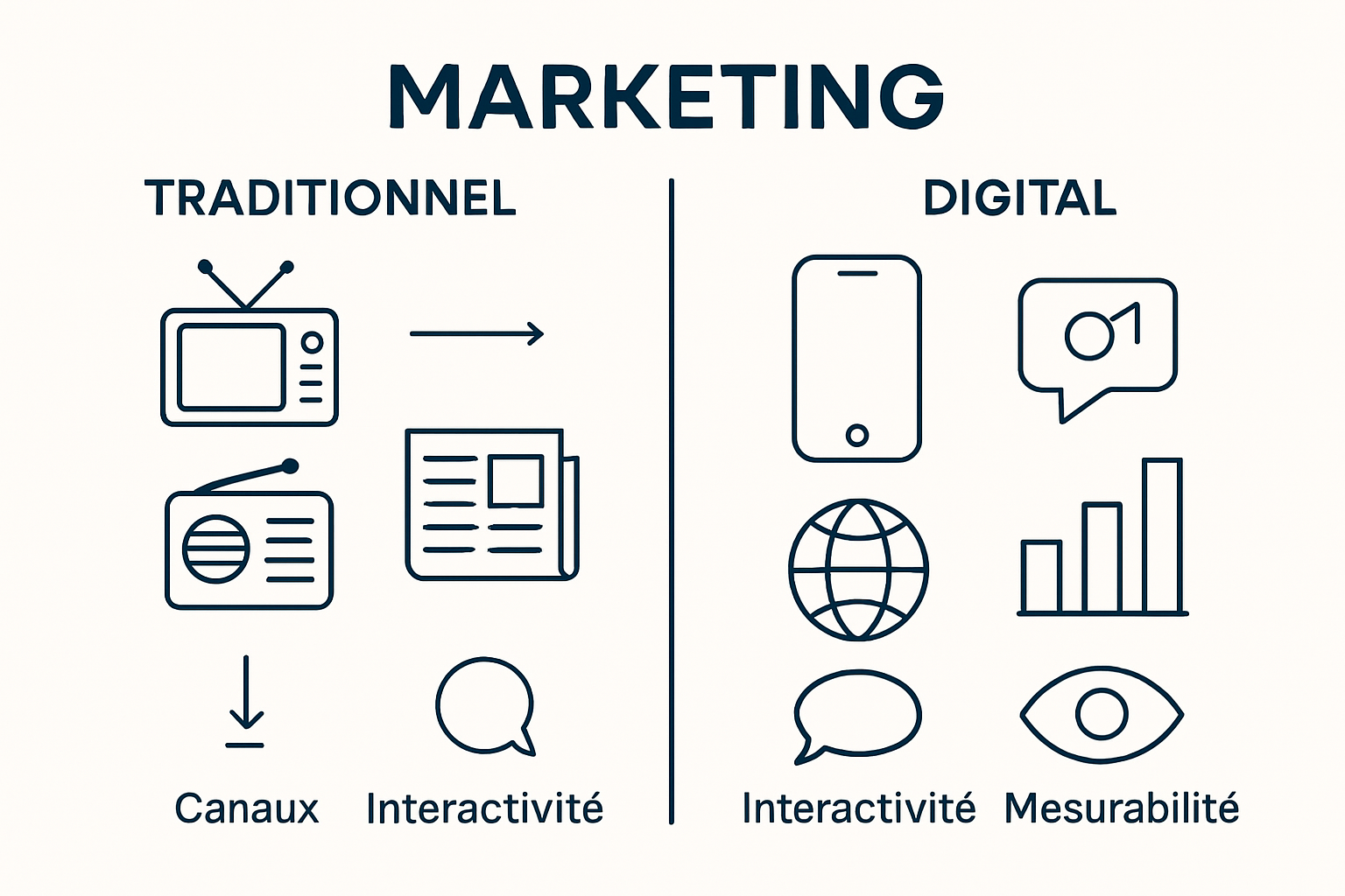 Diagram comparing traditional and digital marketing channels and features