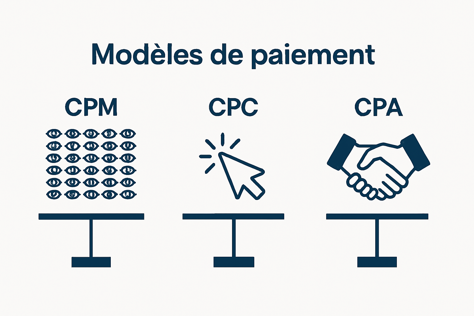 Infographic comparing CPM, CPC, and CPA ad pricing models