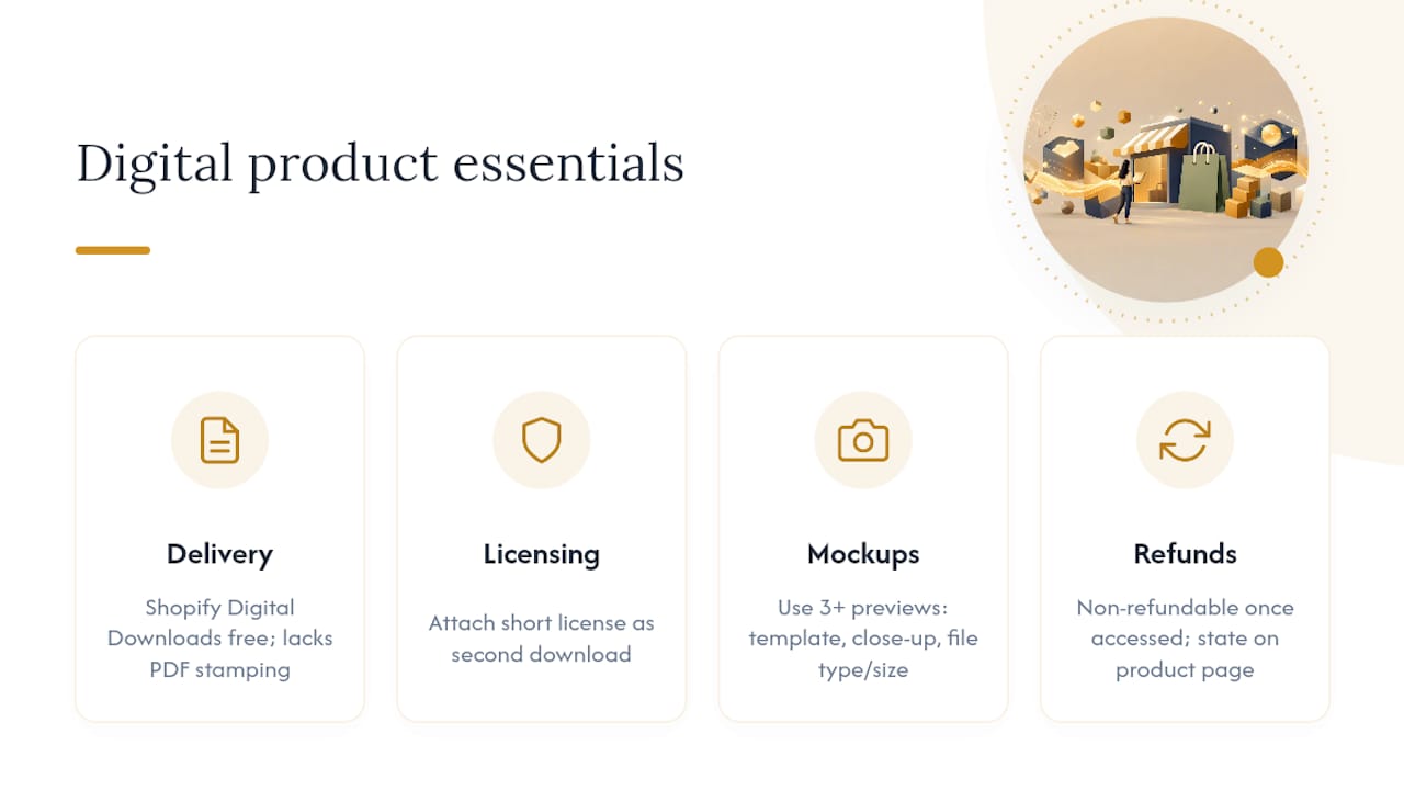 Digital-product specifics: delivery, licensing, mockups, and refunds — overview diagram