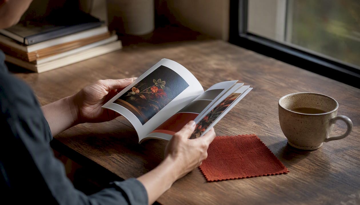 Hands flipping color print proof pages