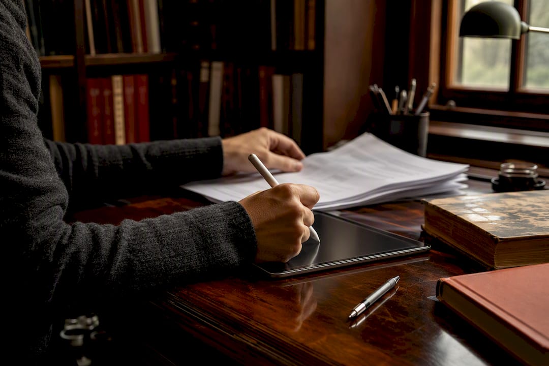 Close-up of author hands working on book layout