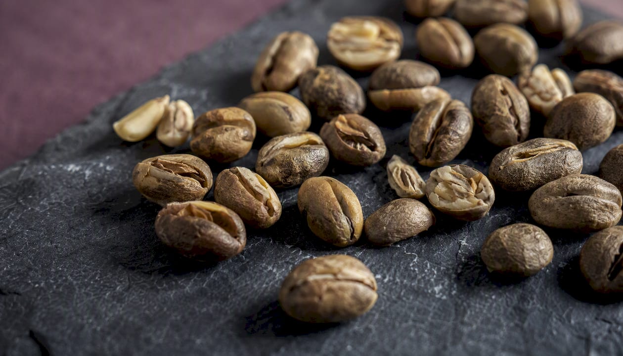 Close-up of specialty low-caffeine coffee beans
