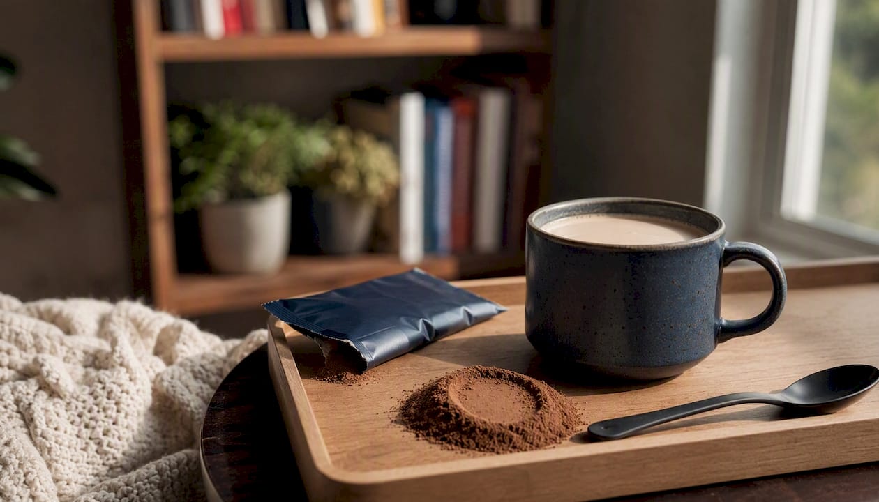 Mushroom coffee sachet with oat milk and spoon