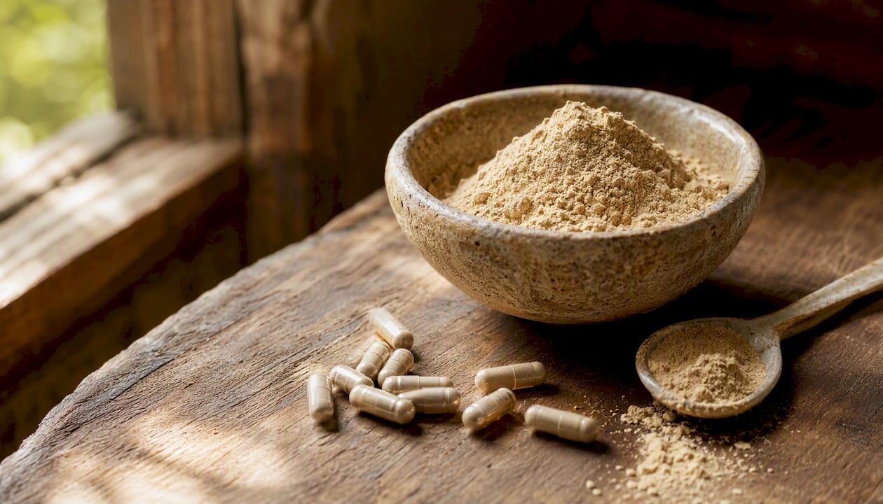 Ashwagandha powder and capsules on wood