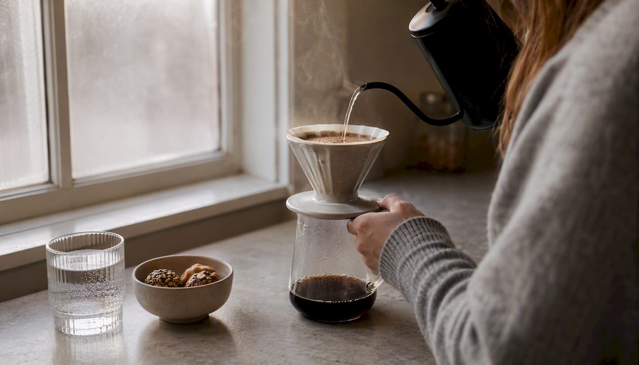 Hands brewing coffee with pour-over on kitchen counter