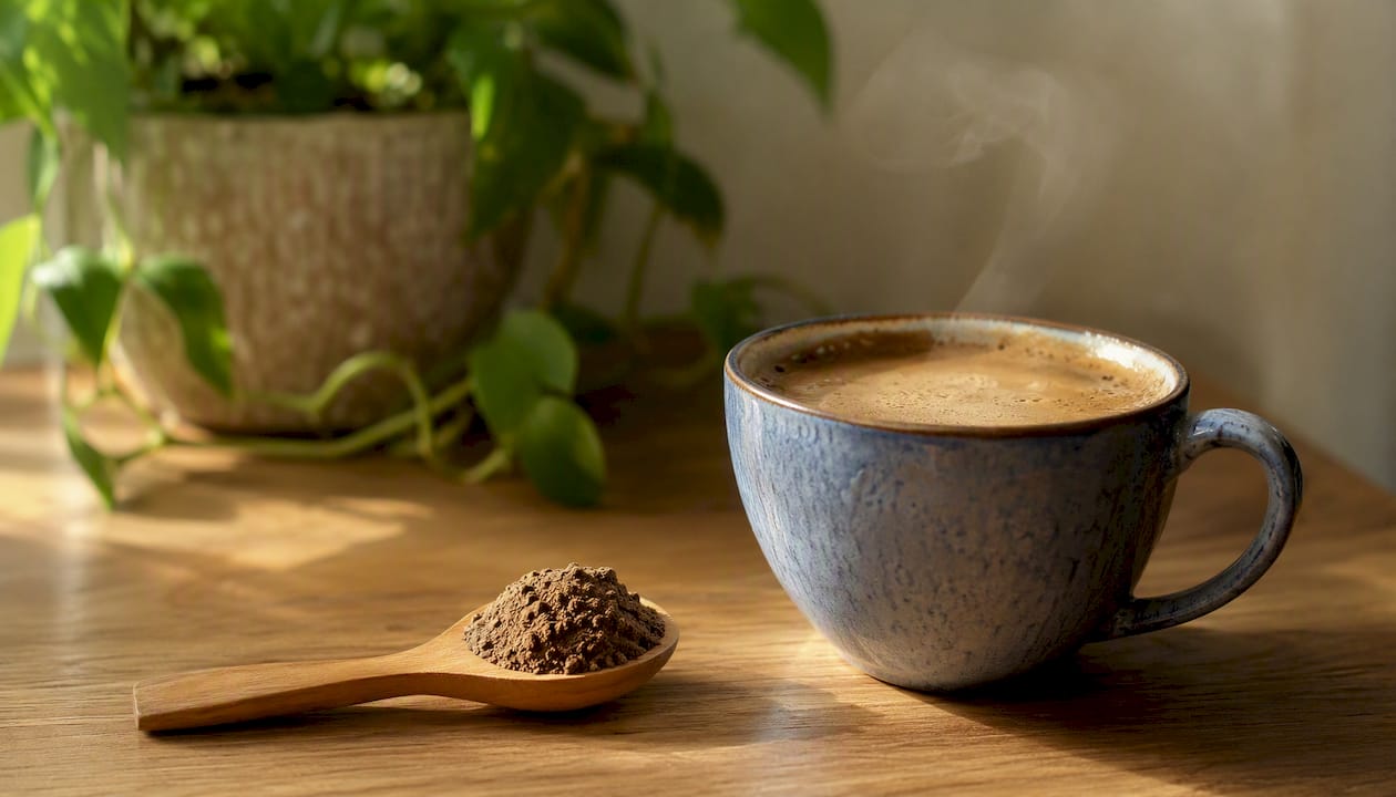 Instant coffee cup with spoon of mushroom powder