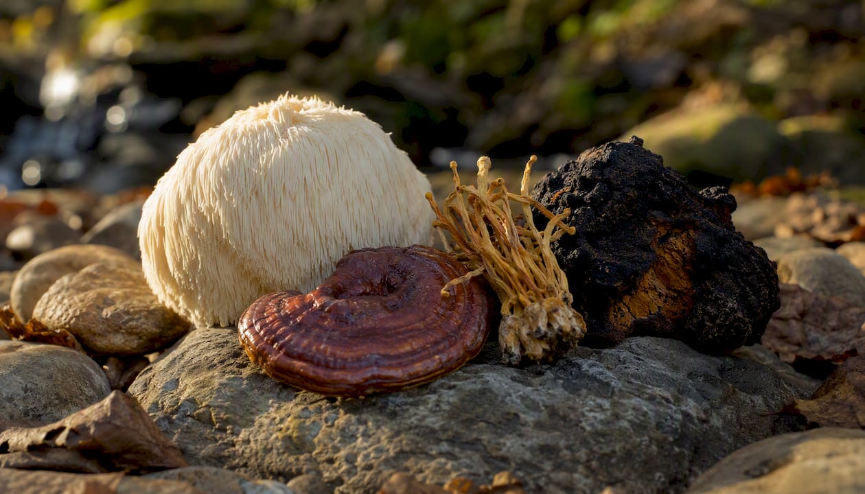 Fresh functional mushrooms on wooden surface