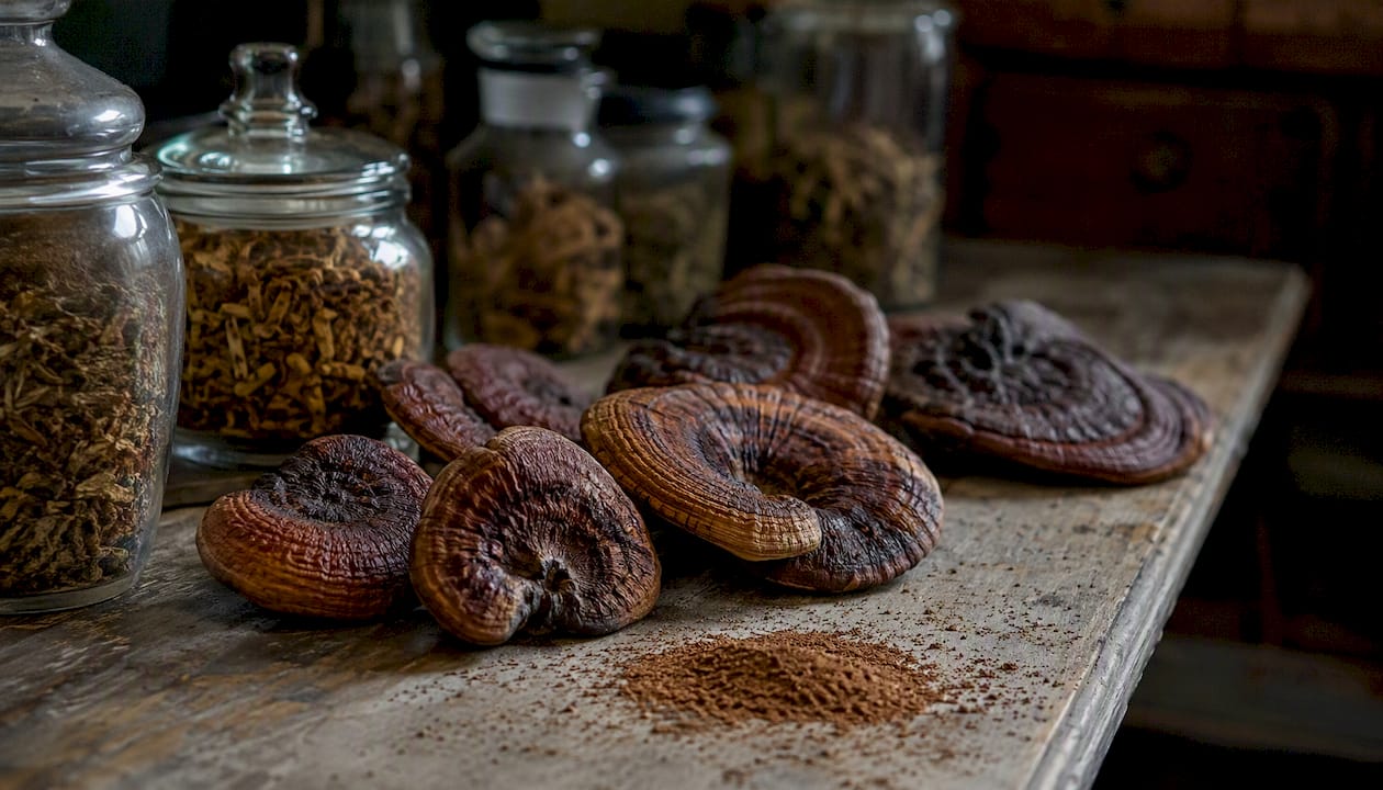 Dried reishi mushrooms with traditional medicine tools