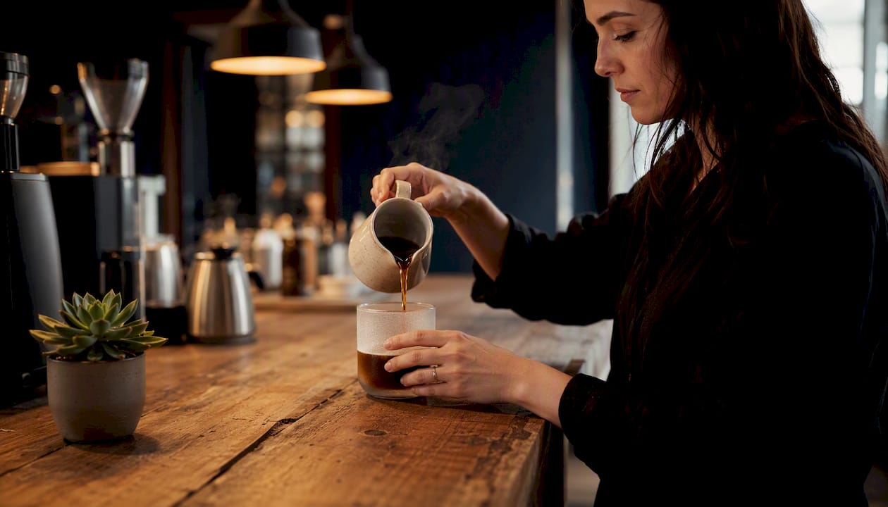 Fresh brewed coffee pouring with steam