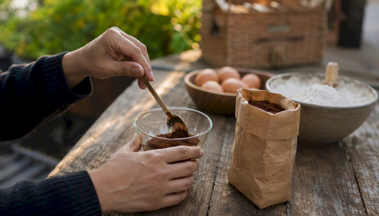 Hands dissolving instant coffee for travel and baking