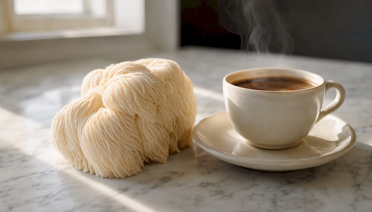 Fresh lion's mane mushroom and steaming coffee cup