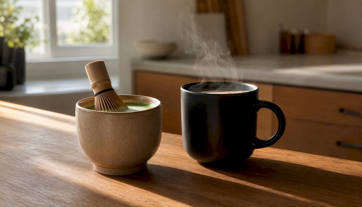 Matcha latte and brewed coffee cups side by side